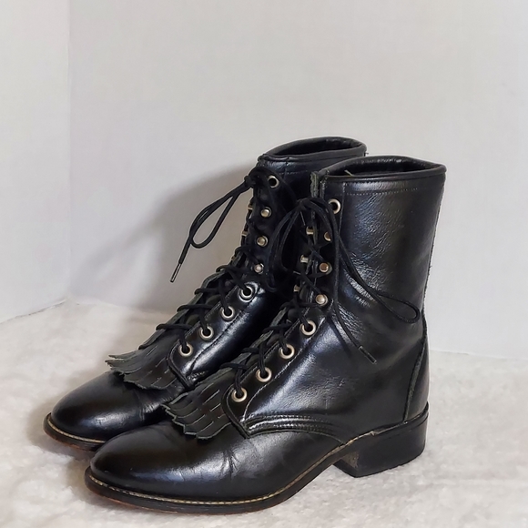 Vintage Shoes - Vintage Laredo Black Leather Western Kiltie Lace Up Mid Calf Cowgirl.Boots
